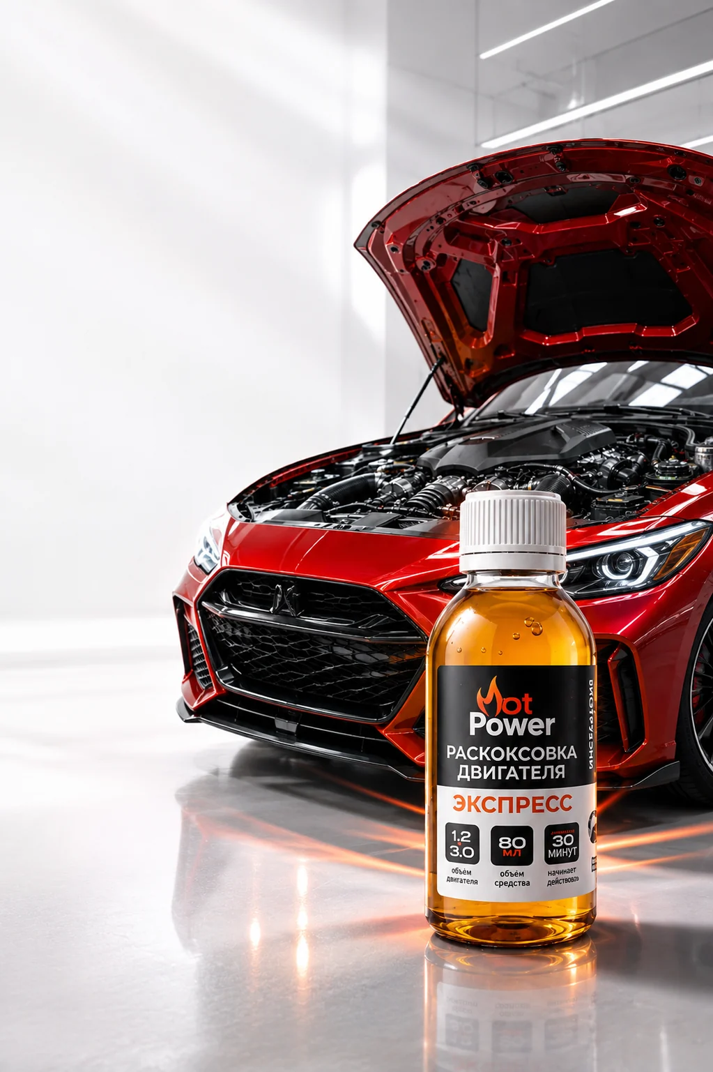 Красный автомобиль с открытым капотом и флакон Hot Power